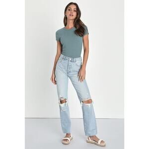 Rolla's Classic Straight Jean Light Wash Distressed Button Fly Size 26